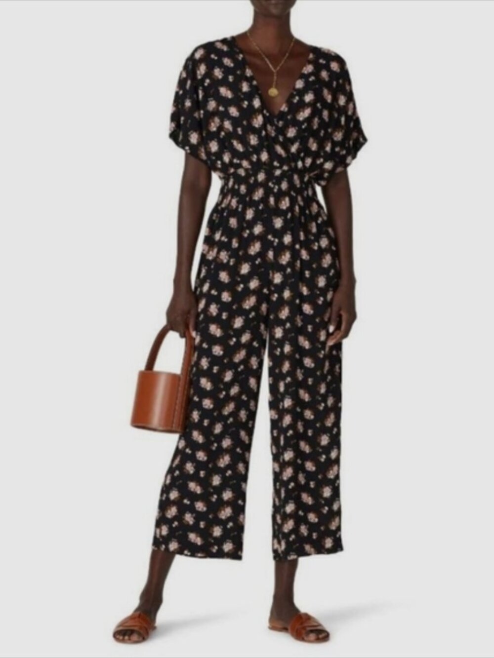 Madewell Women's Wide Leg Floral Black Jumpsuit with Wrap Neckline | Size M